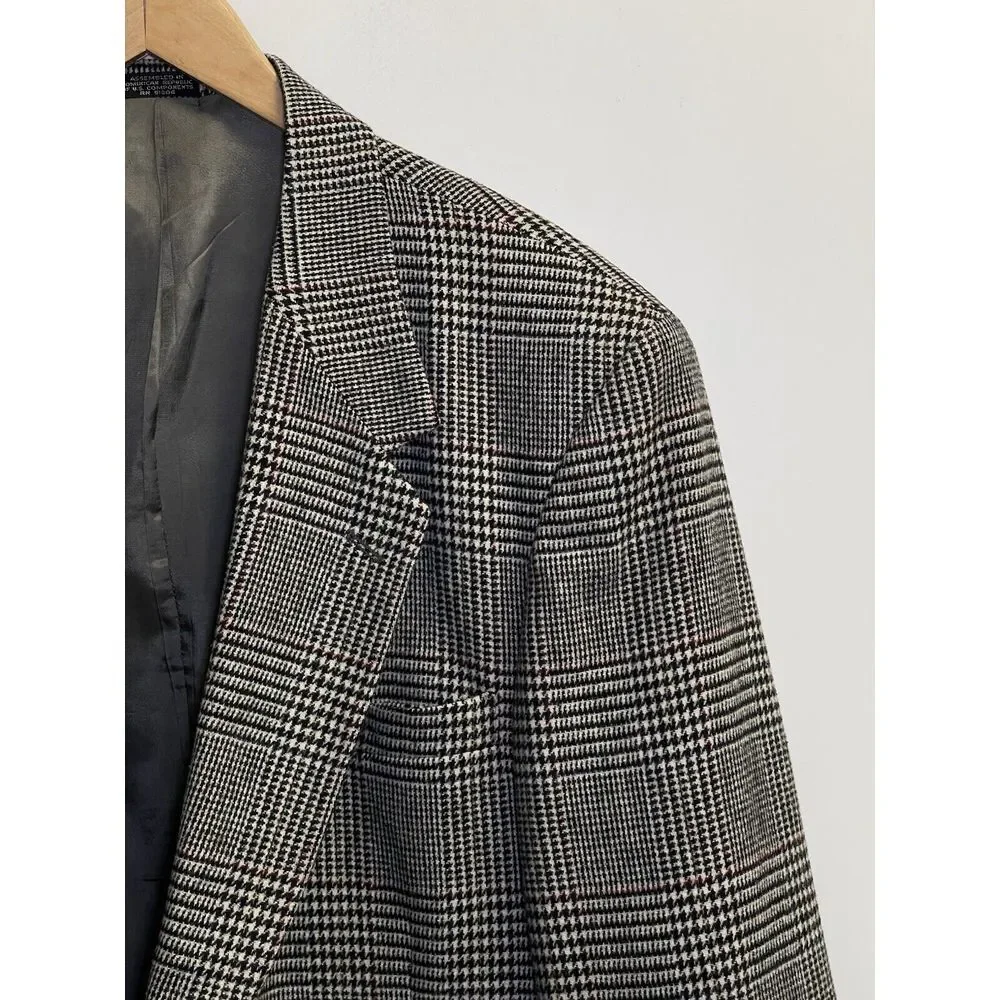 46L Towncraft Suit Jacket Sport Coat Blazer Mens Plaid Glen Check Grey Wool Blen